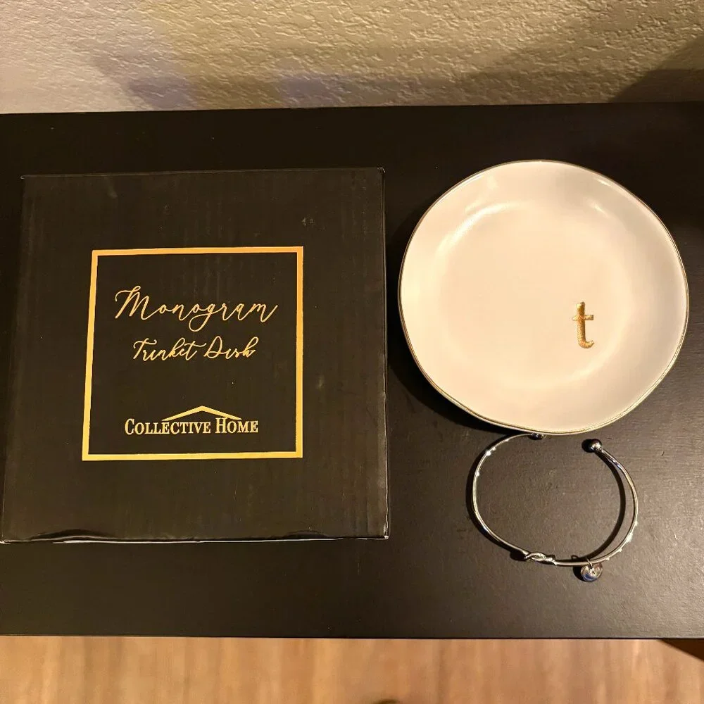 Letter T | Ceramic Jewelry Tray or Trinket Dish AND Letter T Silver Bracelet